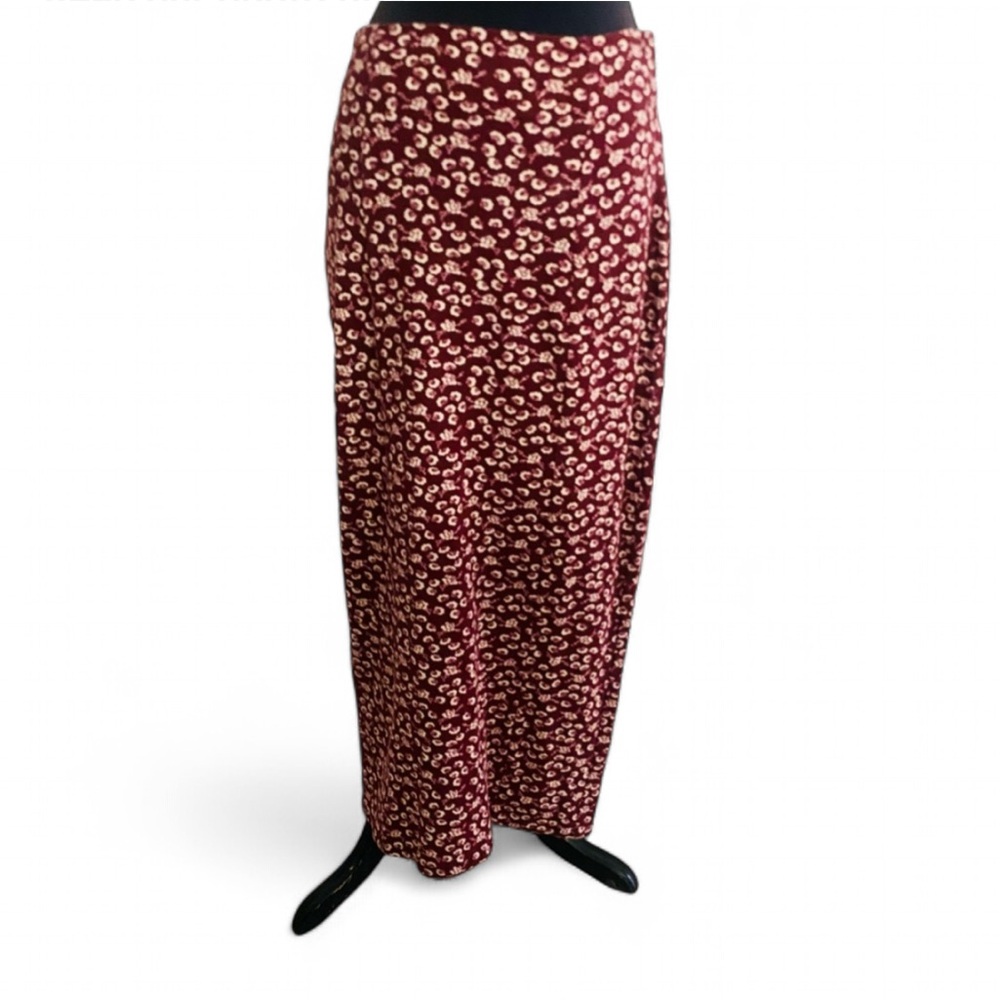 VINTAGE 90’S BETSEY JOHNSON MAROON WHITE FLORAL PULL ON MIDI SKIRT SIZE LARGE